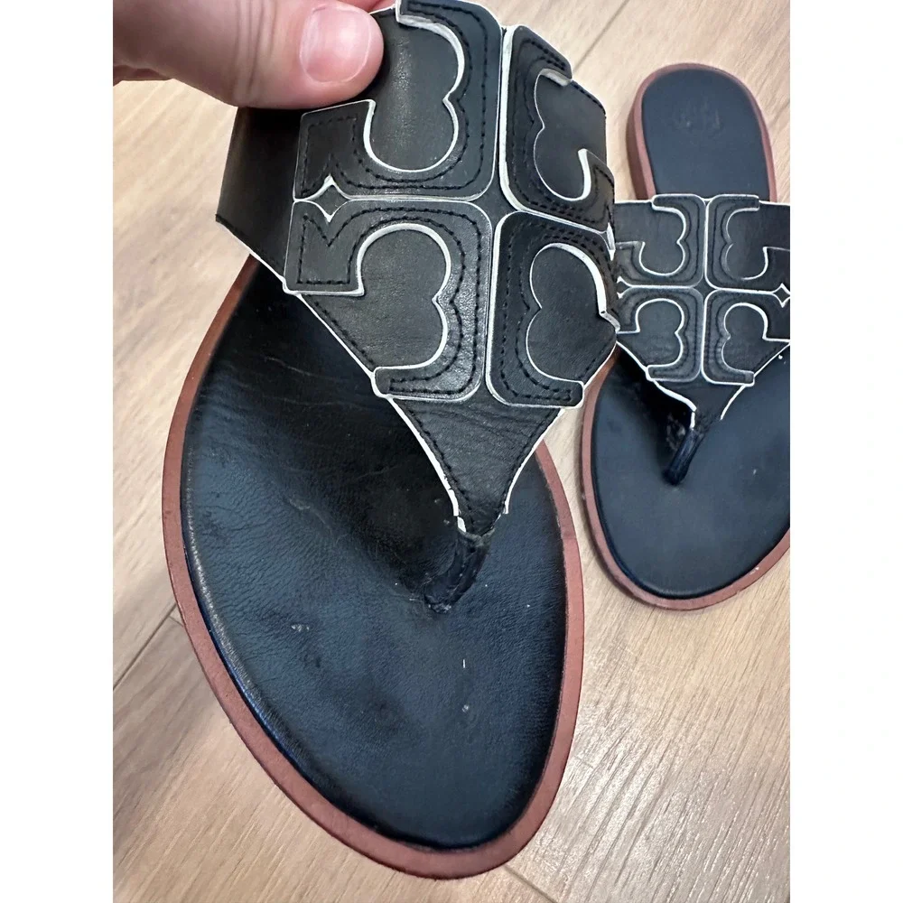Tory Burch Miller Black Leather Thong Sandals White Contrast Stitching Logo 9.5
